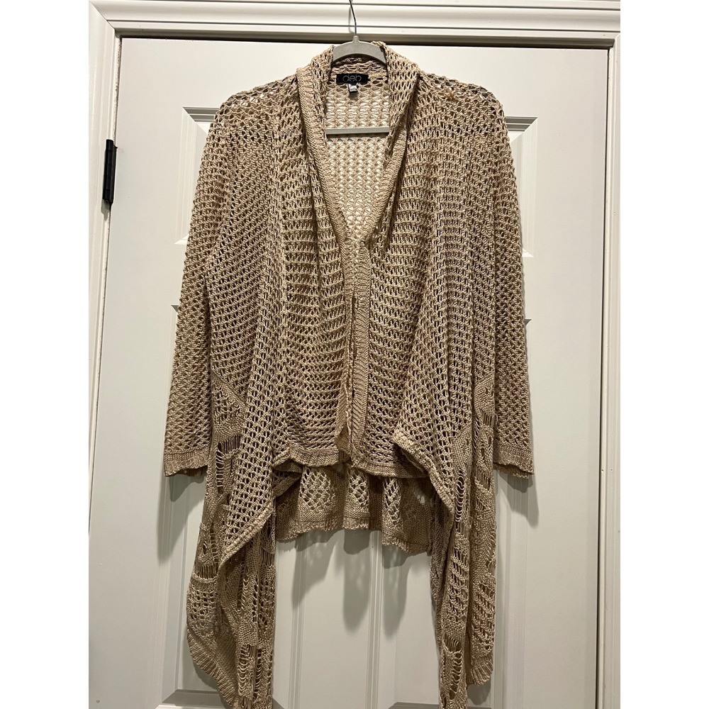VTG Deb Tan Beige Crochet Knit Open Front Waterfall Cardigan Sweater Womens 1X